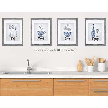 Blue Navy Cobalt Grey White Mosaic Vintage Inspirational Kitchen Restaurant Cafe Bar Wall Art Decorations Eat Drink Love Wine Coffee Hearts Prints Posters Signs Sets Rustic Farmhouse Country Home