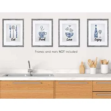 Blue Navy Cobalt Grey White Mosaic Vintage Inspirational Kitchen Restaurant Cafe Bar Wall Art Decorations Eat Drink Love Wine Coffee Hearts Prints Posters Signs Sets Rustic Farmhouse Country Home