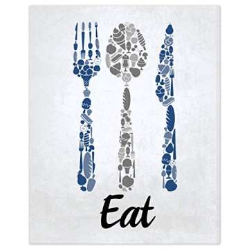 Blue Navy Cobalt Grey White Mosaic Vintage Inspirational Kitchen Restaurant Cafe Bar Wall Art Decorations Eat Drink Love Wine Coffee Hearts Prints Posters Signs Sets Rustic Farmhouse Country Home