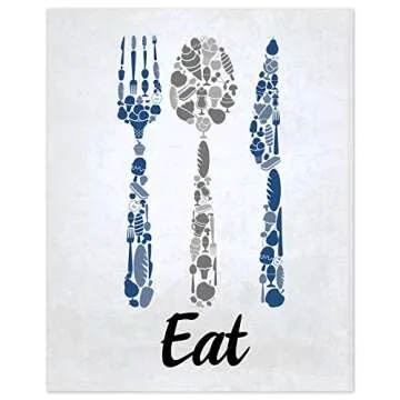 Blue Navy Cobalt Grey White Mosaic Vintage Inspirational Kitchen Restaurant Cafe Bar Wall Art Decorations Eat Drink Love Wine Coffee Hearts Prints Posters Signs Sets Rustic Farmhouse Country Home