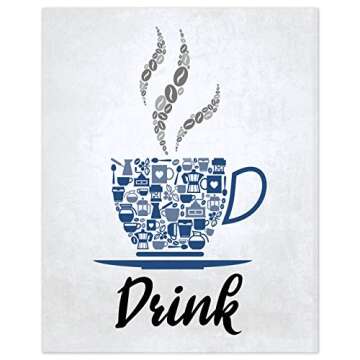 Blue Navy Cobalt Grey White Mosaic Vintage Inspirational Kitchen Restaurant Cafe Bar Wall Art Decorations Eat Drink Love Wine Coffee Hearts Prints Posters Signs Sets Rustic Farmhouse Country Home