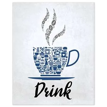 Blue Navy Cobalt Grey White Mosaic Vintage Inspirational Kitchen Restaurant Cafe Bar Wall Art Decorations Eat Drink Love Wine Coffee Hearts Prints Posters Signs Sets Rustic Farmhouse Country Home