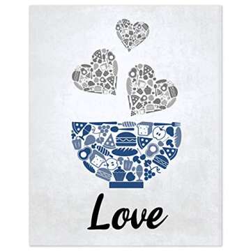 Blue Navy Cobalt Grey White Mosaic Vintage Inspirational Kitchen Restaurant Cafe Bar Wall Art Decorations Eat Drink Love Wine Coffee Hearts Prints Posters Signs Sets Rustic Farmhouse Country Home