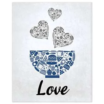 Blue Navy Cobalt Grey White Mosaic Vintage Inspirational Kitchen Restaurant Cafe Bar Wall Art Decorations Eat Drink Love Wine Coffee Hearts Prints Posters Signs Sets Rustic Farmhouse Country Home