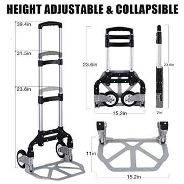 Folding Hand Truck Portable Foldable Dolly Cart Aluminum Luggage Cart Trolley Cart Black MAX Load 180 lbs, with Black Bungee Cord, Telescoping Handle,Solid Aluminium Wheel suspensions, Double Bearings