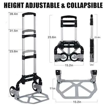 Folding Hand Truck Portable Foldable Dolly Cart Aluminum Luggage Cart Trolley Cart Black MAX Load 180 lbs, with Black Bungee Cord, Telescoping Handle,Solid Aluminium Wheel suspensions, Double Bearings