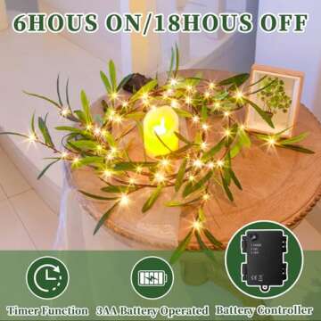 Vanthylit Lighted Artificial Olive Garland, 6FT LED Faux Greenery Vine Garland Lights Battery Operat...