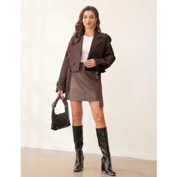Xuehaya Womens Cropped Trench Coat Long Sleeve Belted Work Office Double Breasted Cropped Jacket(Brown-L)