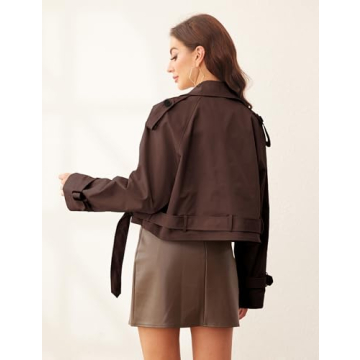 Xuehaya Womens Cropped Trench Coat Long Sleeve Belted Work Office Double Breasted Cropped Jacket(Brown-L)