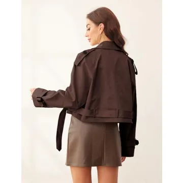 Xuehaya Womens Cropped Trench Coat Long Sleeve Belted Work Office Double Breasted Cropped Jacket(Brown-L)