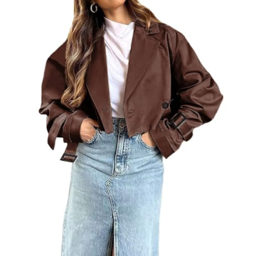 Xuehaya Womens Cropped Trench Coat Long Sleeve Belted Work Office Double Breasted Cropped Jacket(Brown-L)