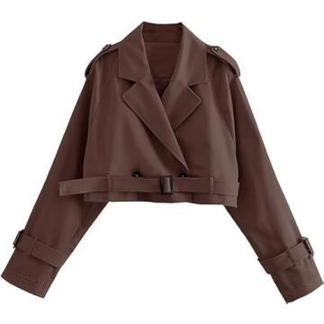 Xuehaya Womens Cropped Trench Coat Long Sleeve Belted Work Office Double Breasted Cropped Jacket(Brown-L)