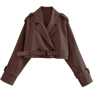 Xuehaya Womens Cropped Trench Coat Long Sleeve Belted Work Office Double Breasted Cropped Jacket(Brown-L)