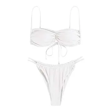 ZAFUL Bikini Sets Women 2 Piece Swimsuits Spaghetti Strap Brazilian Bikini Ruched Swimsuit Bathing Suit White Small