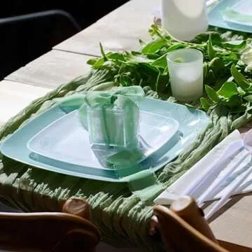 R-kay Mint Green Plastic Plates - 32 Count - 16 Dinner, 10 Inch Sage Green Plates Disposable And 16 Salad/Dessert, 7 Inch Green Party Plates - Green Disposable Plates - Heavy Duty For Upscale Parties
