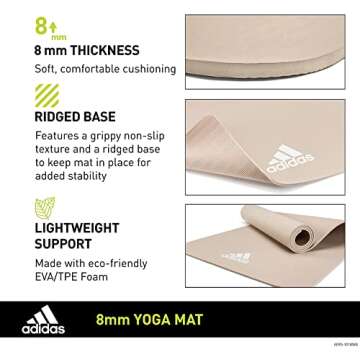adidas Yoga Mat Thick 8mm - EVA Foam Non Slip Exercise Workout Mats for Men and Women - Ideal for Home Gym Fitness, Yoga, Pilates Studio - Lightweight, Rollable, Foldable (69" L x 24" W) - Vapor Grey