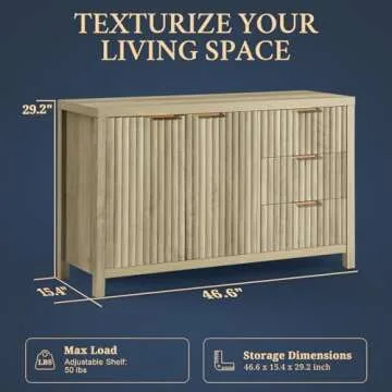 OAKHAM HOME Oxford Fluted Buffet Cabinet with Storage Accent Sideboard Modern Credenza with Doors, Drawers Media Console Mid Century Storage Cabinet for Living Room Dining Room Entryway（Natural