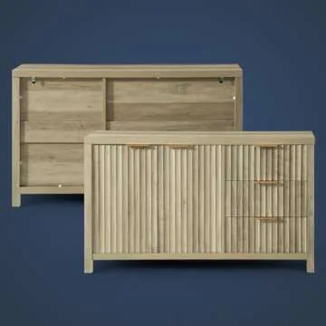 OAKHAM HOME Oxford Fluted Buffet Cabinet with Storage Accent Sideboard Modern Credenza with Doors, Drawers Media Console Mid Century Storage Cabinet for Living Room Dining Room Entryway（Natural