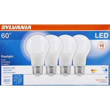 SYLVANIA LED A19 Light Bulb, 60W Equivalent, Efficient 8.5W, Frosted, 5000K, Daylight - (79284), 4 C...
