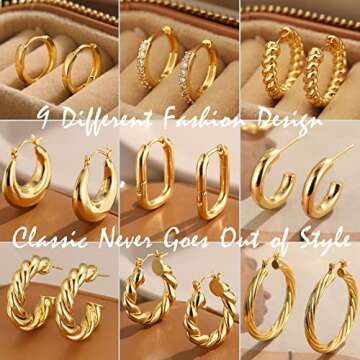 9 Pairs Gold Hoop Earrings for Women, Lightweight Chunky Twisted Hoop Earrings Set for Gift (Gold 9 Pair)