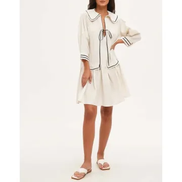 YEXPINE Women's 3/4 Sleeve Collar V Neck Mini Dress Pleated A Line Swing Short Dress Summer Loose Pleated Babydoll Dress Beige