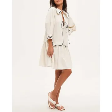 YEXPINE Women's 3/4 Sleeve Collar V Neck Mini Dress Pleated A Line Swing Short Dress Summer Loose Pleated Babydoll Dress Beige