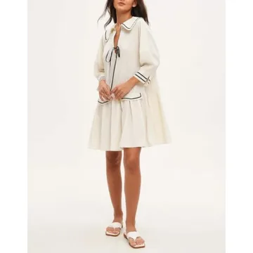 YEXPINE Women's 3/4 Sleeve Collar V Neck Mini Dress Pleated A Line Swing Short Dress Summer Loose Pleated Babydoll Dress Beige