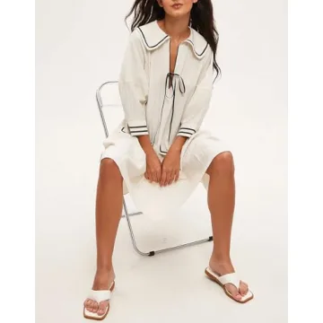 YEXPINE Women's 3/4 Sleeve Collar V Neck Mini Dress Pleated A Line Swing Short Dress Summer Loose Pleated Babydoll Dress Beige