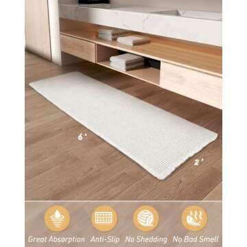 AMOAMI Upgraded Waffle Runner Rug Super Absorbent Non Slip Bath Mats for Bathroom Washable Bathroom Runner Rug with Tassels, Ideal for Hallway Bedroom Laundry Room, White, 2' x 6'(24" x 72")
