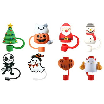 8Pcs Straw Tip Covers Straw Cap Reusable Drinking Straw Toppers Silicone Plugs Cute Christmas Hallow...
