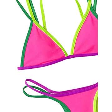 Remidoo Women's Sexy Color Block High Cut Triangle Thong Bikini Set 2 Piece Swimsuits Hot Pink Small