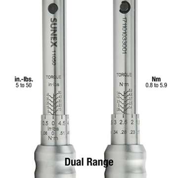 SUNEX TOOLS 11050, 1/4" Drive, 60T Torque Wrench, 10 To 50 in-lb, 60 Tooth Ratcheting Mechanism, Acc...