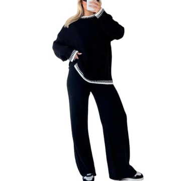 NUFIWI Women 2 Piece Sweater Outfits Sets Long Sleeve Knit Pullover Jumper Wide Leg Pants Lounge Tra...