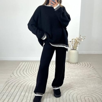 NUFIWI Women 2 Piece Sweater Outfits Sets Long Sleeve Knit Pullover Jumper Wide Leg Pants Lounge Tracksuit Set(A Black 01,Medium)