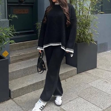 NUFIWI Women 2 Piece Sweater Outfits Sets Long Sleeve Knit Pullover Jumper Wide Leg Pants Lounge Tracksuit Set(A Black 01,Medium)