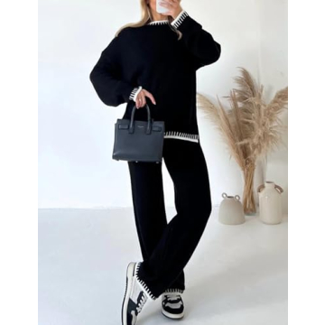 NUFIWI Women 2 Piece Sweater Outfits Sets Long Sleeve Knit Pullover Jumper Wide Leg Pants Lounge Tracksuit Set(A Black 01,Medium)