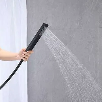 Wowkk Waterfall Tub Filler Freestanding Bathtub Faucet Black Floor Mount Brass Single Handle Bathroom Faucets with Hand Shower