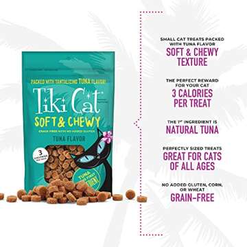 Tiki Cat Soft & Chewy Treats, Tuna Flavor, 3 Calories Per Treat with Grain-Free and No Added Gluten, 2 oz Pouch