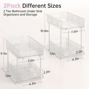 Delamu 2 Pack Bathroom Under Sink Organizers and Storage, Snap-Lock Pull Out Bathroom Medicine Cabinet Organizer,Multi-Purpose Kitchen Pantry Organizer and Storage with Movable Divider