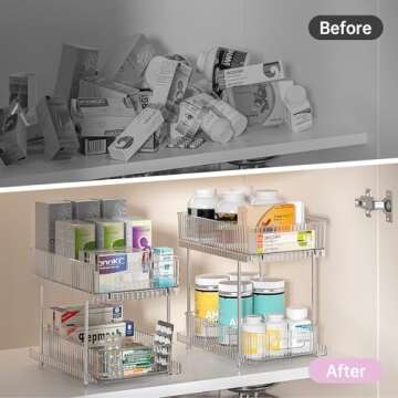 Delamu 2 Pack Bathroom Under Sink Organizers and Storage, Snap-Lock Pull Out Bathroom Medicine Cabinet Organizer,Multi-Purpose Kitchen Pantry Organizer and Storage with Movable Divider