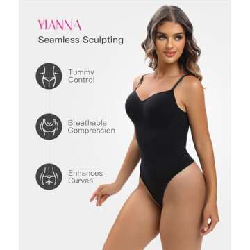 YIANNA Women Shapewear Tummy Control Bodysuit Seamless Sculpting Snatched Waist Body Suit Thong, YA5215-Black-S/M