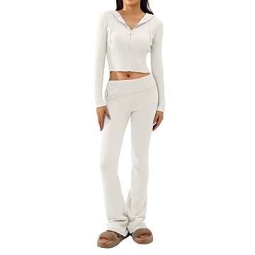 Chic Women Knit Two Piece Set Y2K Zip Up Hoodie & Low Rise Jogger Pants (White, M)