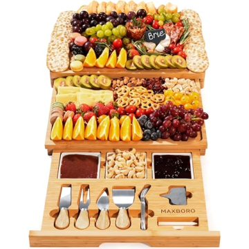 Extra Large 33.7x15.7 inch Charcuterie Boards Gift Set, 100% Bamboo Cheese Board and Knife Set, Cool...