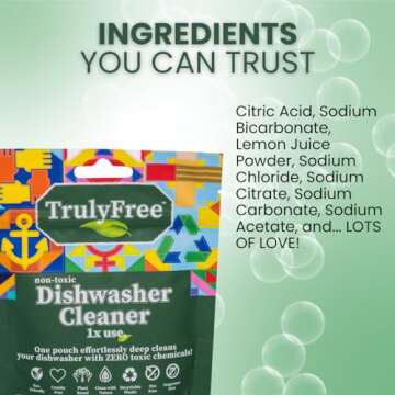Truly Free Natural Dishwasher Cleaner - Dish Washer Machine Descaler, Fights Grease & Limescale, Hard Water Stain Remover, Smell Eliminator for Clean Dishwashers - Lemon Fresh Scent, 4 oz (Pack of 1)