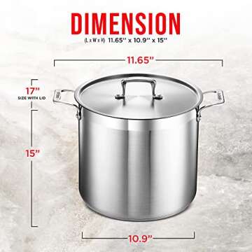 Stockpot – 16 Quart – Brushed Stainless Steel – Heavy Duty Induction Pot with Lid and Riveted ...
