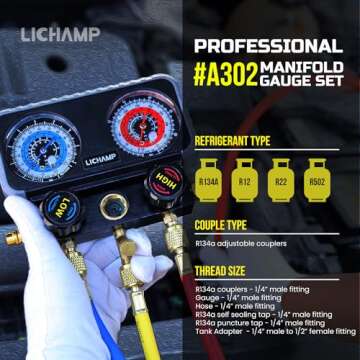 Lichamp AC Gauges - Professional 3 Way A/C Manifold Gauge Set for R134A R12 R22 R502