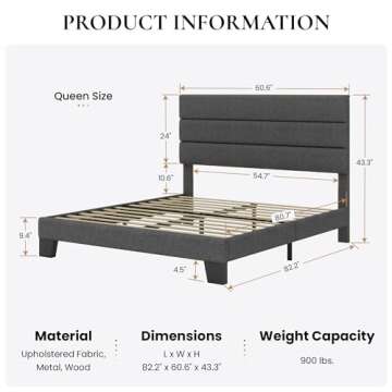 SHA CERLIN Queen Platform Bed Frame with Upholstered Fabric Headboard, Mattress Foundation with Stro...