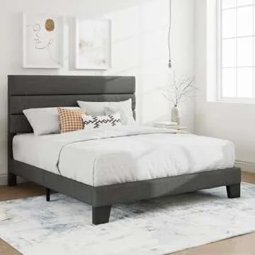 SHA CERLIN Queen Platform Bed Frame with Upholstered Fabric Headboard, Mattress Foundation with Strong Wooden Slats Support, No Box Spring Needed, Grey