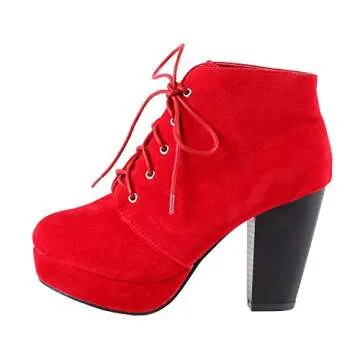 Forever CAMILLE-86 Women's Comfort Stacked Chunky Heel Lace Up Ankle Booties in Red, Size 7