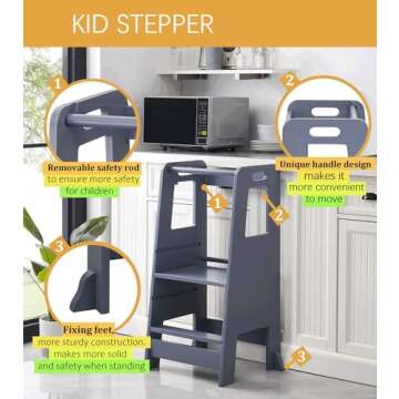 Kid's Wooden Kitchen Step Stool, Adjustable Platform Standing Tower, with Safety Guardrail Child Stu...